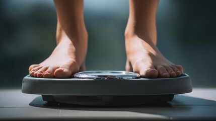 Fototapeta premium Person standing on bathroom scale checking weight in morning light from window
