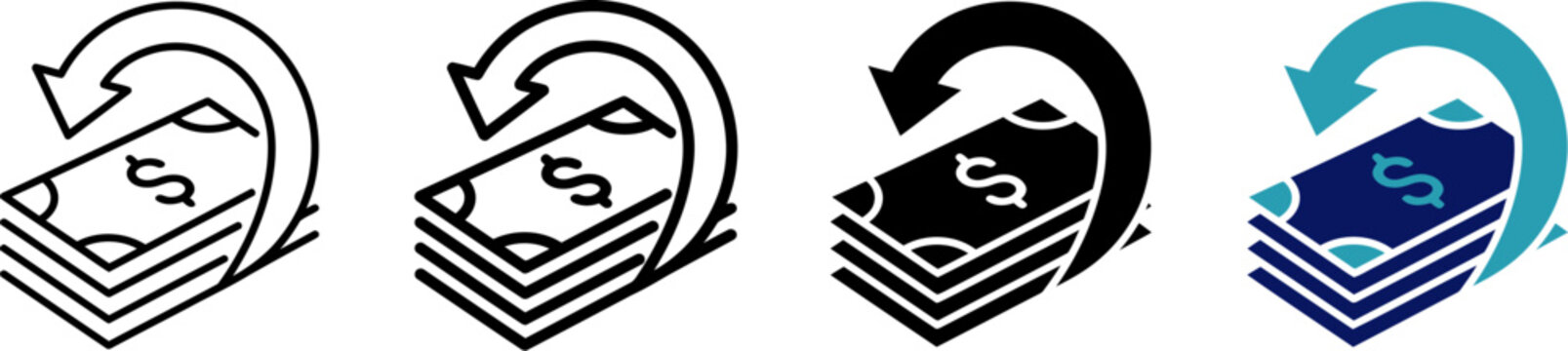 Cashback icon set with money back guarantee symbols, 4 vector icons of dollar bills with return arrows, financial refund and payment reversal graphics Ediable path.