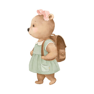 Watercolor cute little bear with backpack in beautiful green dress and pink bow, goes to school. Isolated illustration for your design cards, poster, cover or invitation. Handmade cartoon animal print