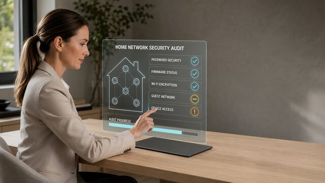 Home network security audit checklist on a futuristic glass holographic panel managed by a woman in modern home with cybersecurity checklist, security assessm
