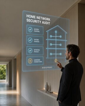 Home network security audit checklist being checked by a man using a 3D holographic digital dashboard interface for comprehensive smart home data protection
