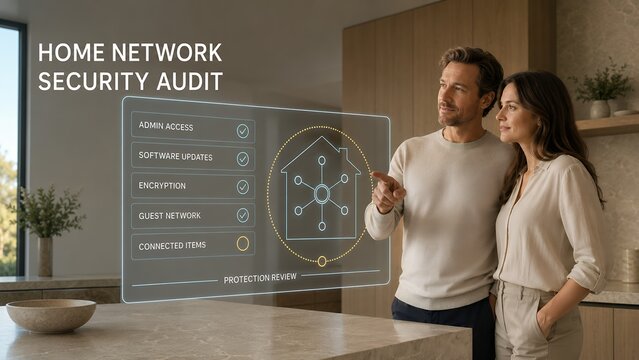 Home network security audit checklist managed by a modern couple viewing a holographic interface in their domestic smart home kitchen interior with cybersecurit