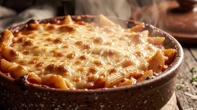 Delicious Baked Penne Pasta with Melted Cheese in Rustic Bowl - A close-up shot of a rustic clay bowl filled with baked penne pasta topped with a generous layer of melted, golden-brown cheese.