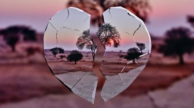 Broken heart with landscapes in each half at sunset in a desolate area