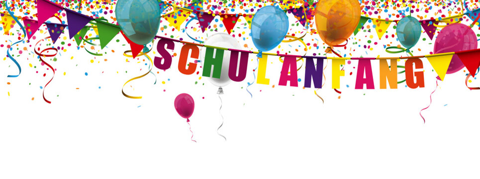 Schulanfang Banner mit Konfetti und Luftballons Transparent