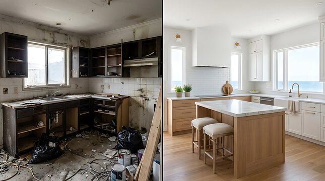 Transformation from neglected broken kitchen to modern pristine culinary space featuring updated cabinetry and bright minimal