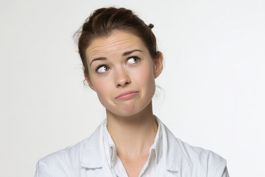 Portrait of a young female doctor with a puzzled expression against a plain studio background