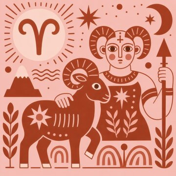 Aries zodiac symbol with a ram and a human-like figure.