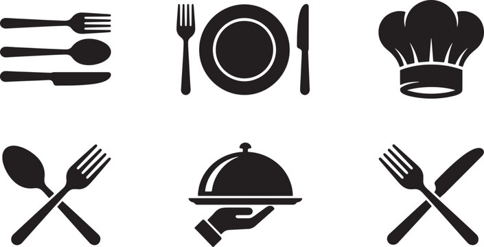 Set of black restaurant and kitchen icons featuring cutlery chef hat and serving platter vector illustration