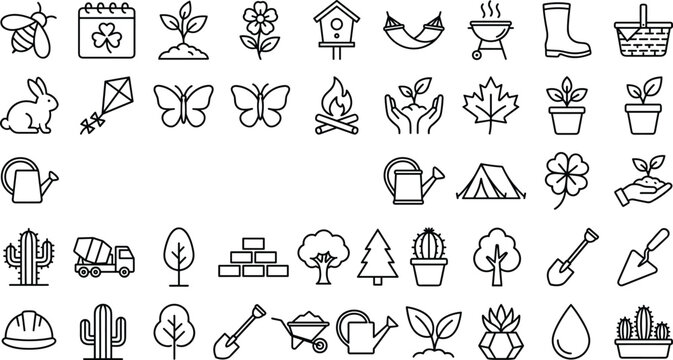 Spring gardening outdoor camping backyard leisure and construction landscape linear outline icon vector set on white background.