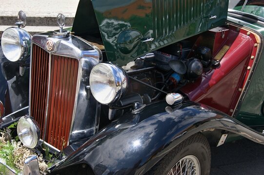 Vintage MG car showing its detailed engine bay