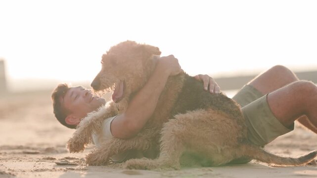 Young man playing with his airedale terrier dog on the beach