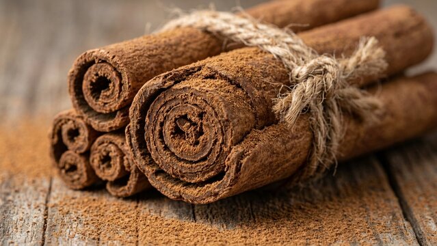 Bundled cinnamon bark sticks and ground powder on textured wooden surface macro photography studio lighting