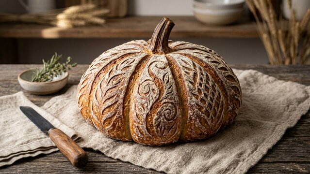 Artisan sourdough loaf pumpkin shaped with detailed leaf scoring on rustic wooden kitchen table