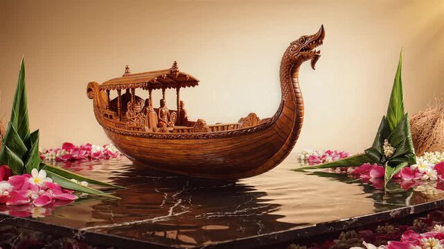Traditional wooden boat for onam festival floating on decorated water