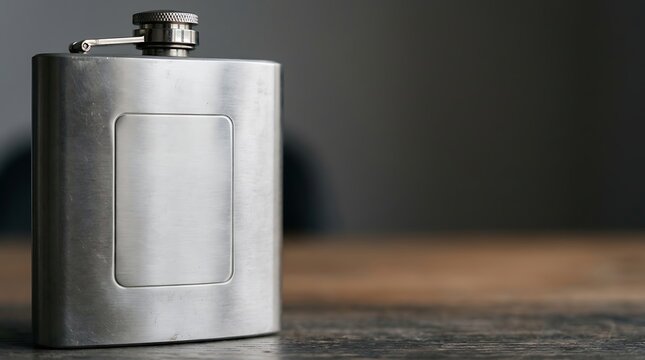 Brushed stainless steel hip flask on a rustic wooden table