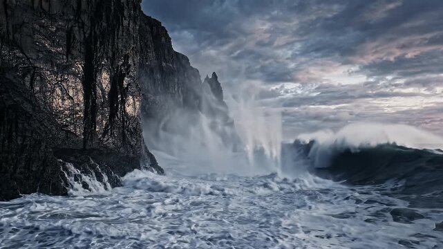 Dramatic Ocean Wave Crashing Against Dark Rocky Cliffs at Dusk - A powerful ocean wave crashes violently against the base of dark, imposing rocky cliffs during a dramatic dusk sky.