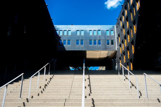Railings set symmetry as a broad concrete staircase divides the measured steps and climbs toward a building ahead, while shadows define exterior architecture beneath blue sky