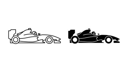 Obraz premium Racing Car Silhouette: Two stylized representations of a Formula 1 racing car, one in outline and the other as a solid silhouette, depict speed and competition.