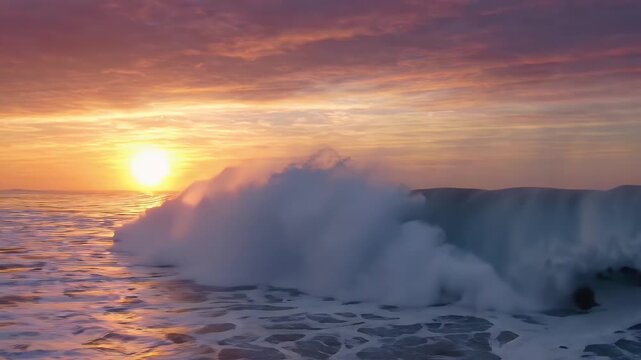 Epic Ocean Wave Crashing at Sunset Golden Hour - A massive ocean wave crashes powerfully as the sun sets, casting vibrant golden and pink hues across the sky and reflecting on the calm sea.