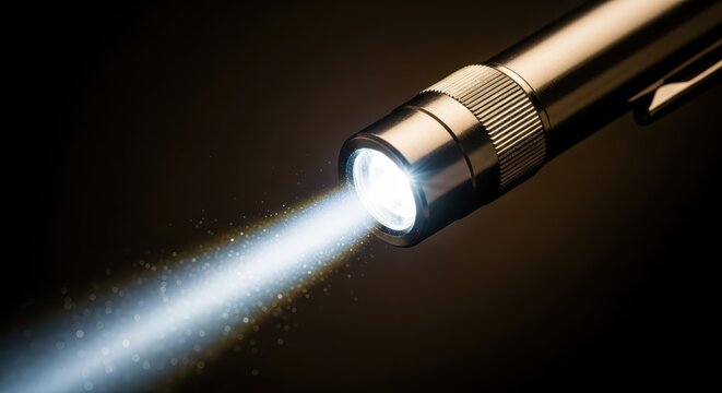 Close-up of a sleek, metallic flashlight emitting a bright, focused beam of light against a dark background, illuminating particles
