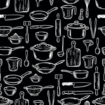 Seamless pattern with hand-drawn kitchen tools and cookware