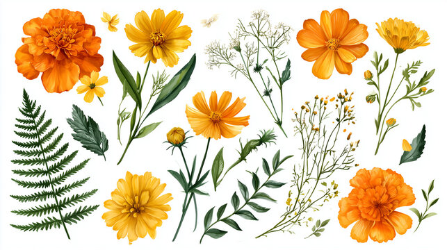 Set of Hand Drawn Yellow and Orange Flowers Marigold Cosmos Fern Leaves and Wild Herbs Botanical Illustration Elements Isolated on White Background for Floral Spring Summer Wedding Design Project