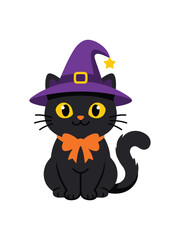 Fototapeta premium Cute Black Cat Wearing Purple Witch Hat Halloween Vector Illustration