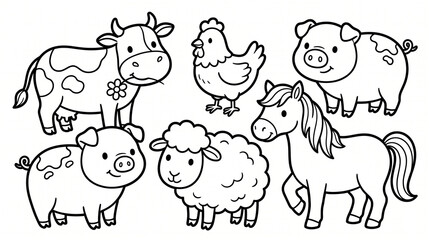 Fototapeta premium Cute farm animals collection for children coloring page black and white outline illustration.
