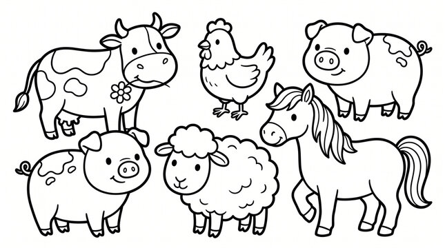 Cute farm animals collection for children coloring page black and white outline illustration.