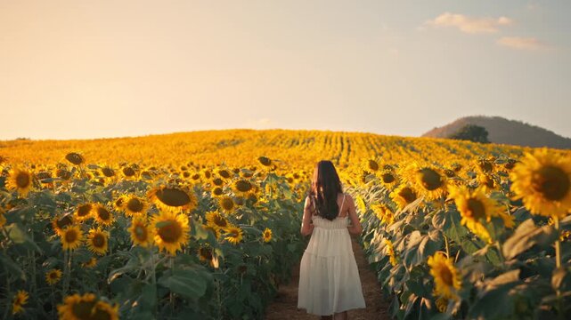 Asian woman in dress walking forward through yellow sunflower field during golden hour sunset, pull back camera revealing wide landscape for eco travel, summer vacation, freedom nature exploration