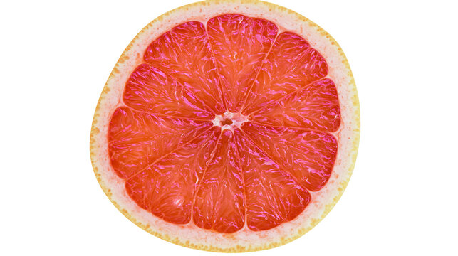 Pink grapefruit slice with juicy segments and textured rind