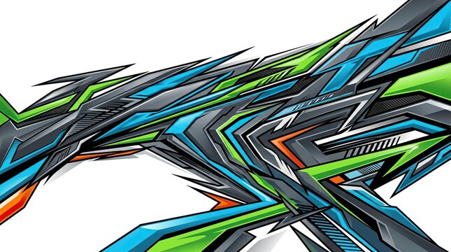 Green and blue technical racing wrap graphic.