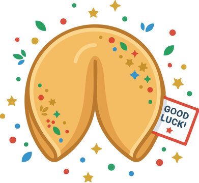 Colorful fortune cookie with stars and a 'Good Luck!' label surrounded by a festive, scattered confetti design.