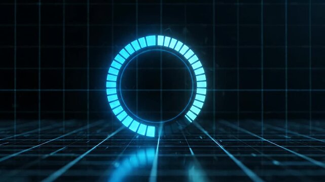 Futuristic Neon Circle Loading Indicator on Dark Grid Background - A glowing neon blue circular progress bar animates against a dark, gridded backdrop, suggesting a futuristic interface or loading