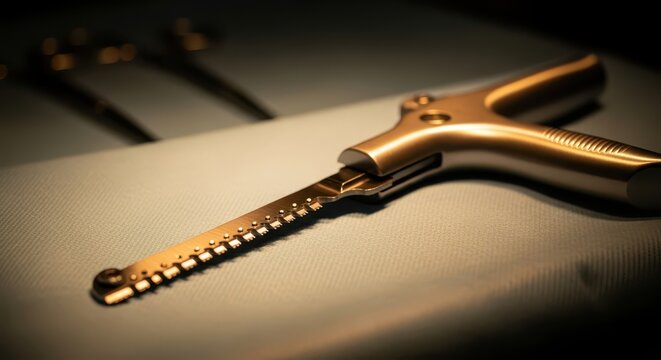 Close-up of a Surgical Bone Saw with Serrated Blade on a Sterile Surface, Medical Instrument in Dramatic Lighting