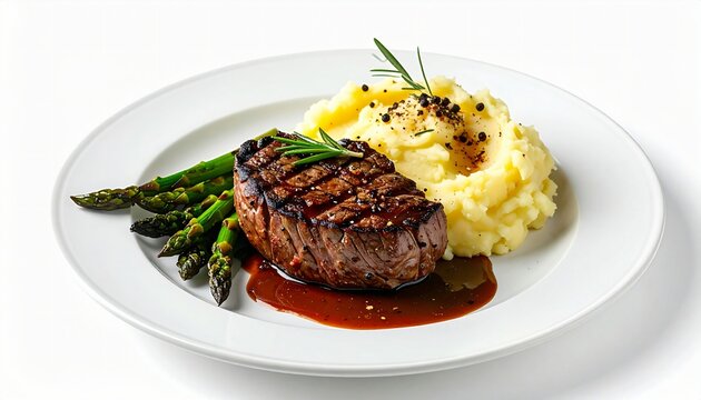 Gourmet grilled steak served with creamy mashed potatoes and asparagus on a white plate