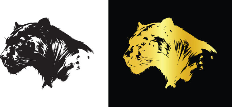 Wild cat head profile vector illustration in textured black and luxury gold brush style