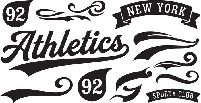 Vintage baseball script swooshes and swashes with dynamic retro wave tails. Athletic lettering and typographic underlines for sports logos, apparel, and branding.