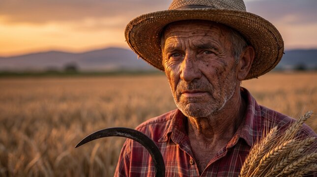 Farmer holding a sharp metal sickle stands in a golden wheat field at sunset during the seasonal harvest.