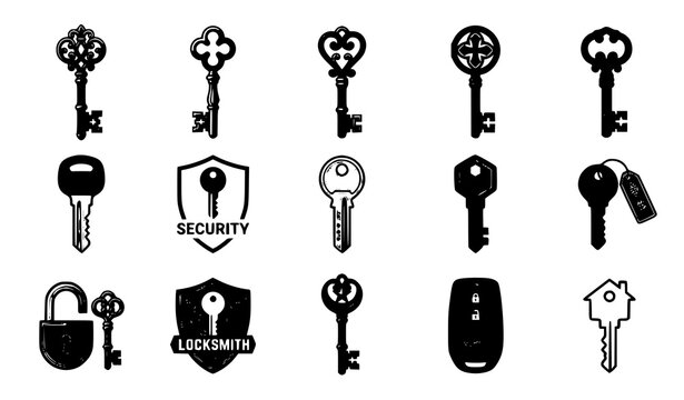 Vintage Skeleton Key Collection Featuring Antique Locksmith Symbols, Security Icons and Decorative Metal Key Designs
