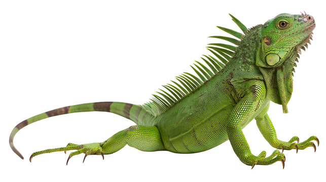 Green iguana reptile with spiky crest and banded tail