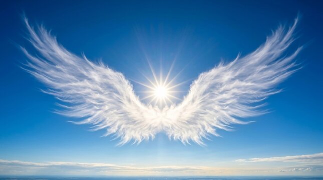 Cloud angel wings in the bright blue sky with sun rays