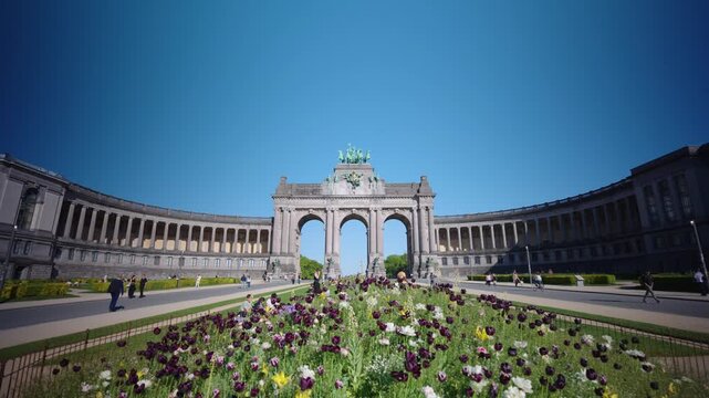 Flowers in front of Brussels Belgium Triumphal Arch in Parc du Cinquantenaire