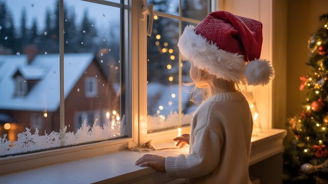 A young child wearing a santa hat looks out a window at a snowy winter scene at night, with a decorated christmas tree glowing in the warm indoor light nearby