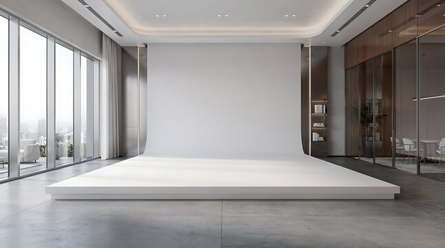 Modern empty studio with large windows and a white cyclorama backdrop.