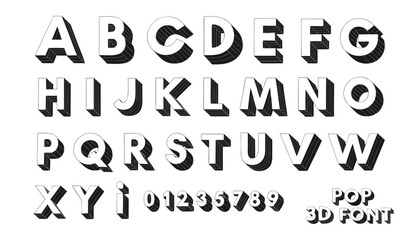 Very beautiful black and white realistic vector illustration of a POP ART 3D ALPHABET featuring a bold typography label reading "POP 3D FONT", engraved dimensional letters, bold numerals, and elegant  © williamnoah