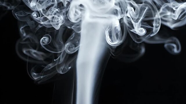 Graceful White Smoke Plume on Black Background - A delicate plume of white smoke gracefully rises and swirls against a deep black background.
