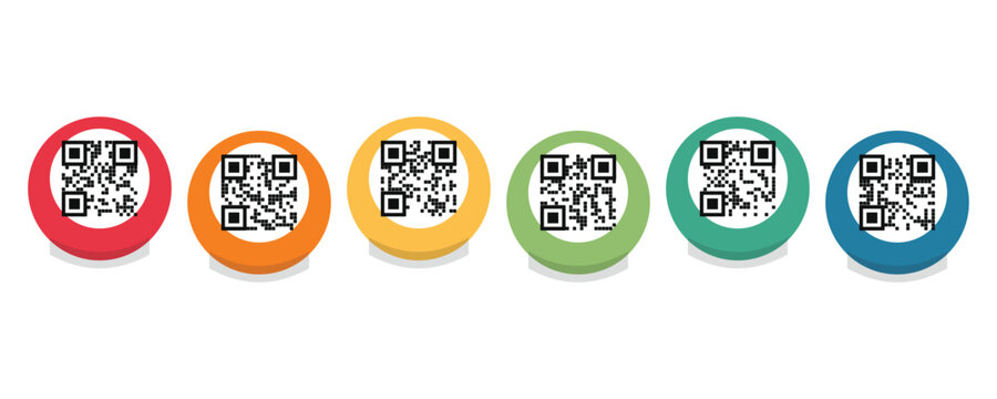 Six circular QR codes in different colored frames against a white background with selective focus