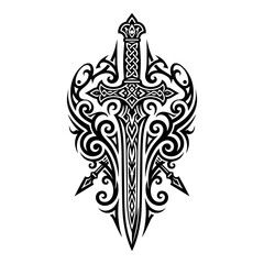 Vintage Black Fleur de Lis Vector Sketch with Ornate Floral Tribal Swirls Butterfly Wings Cross Symbol and Decorative Pattern Illustration Design © Hanif Amrullah